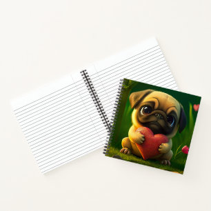 Süßer bunter Mops-Hund-Welpe mit einem Herzen Notizblock