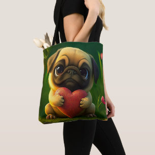 Süßer bunter Mops-Hund-Welpe mit einem Herzen Tasche