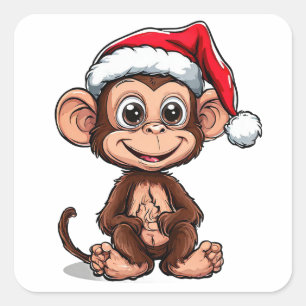 Süßer Cartoon-Affe mit Weihnachtsmannmütze Quadratischer Aufkleber