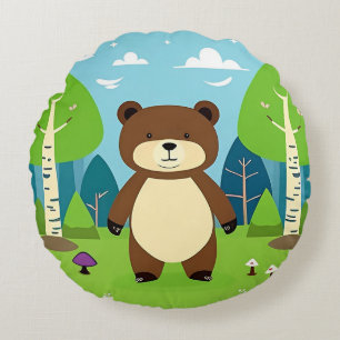 Süßer Cartoon-Bär in einer magischen Waldszene Rundes Kissen