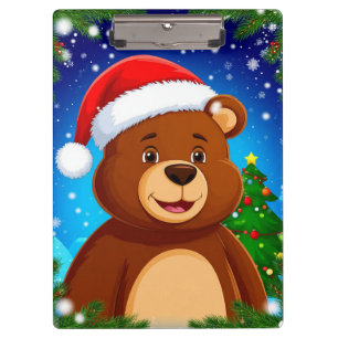 Süßer Cartoon-Bär in Santa-Mütze mit Weihnachtsbau Klemmbrett