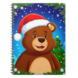 Süßer Cartoon-Bär in Santa-Mütze mit Weihnachtsbau Notizblock