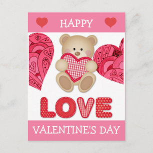 Süßer Cartoon-Bär Pinke Rote Herzen Valentinstag Postkarte