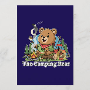 Süßer Cartoon-Campingbär röstet Marshmallow Einladung