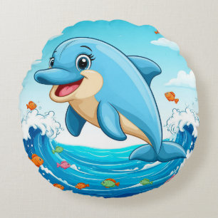 Süßer Cartoon-Delfin plantscht im Wasser Rundes Kissen