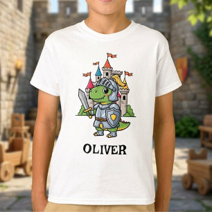 Süßer Cartoon-Dinosaurier-Ritter in Rüstung T-Shirt