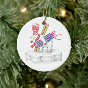 Süßer Cartoon-Eisbär mit Weihnachtsgeschenken Keramikornament