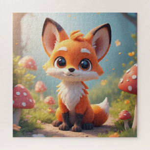 Süßer Cartoon-Fuchs sitzt auf einem Waldweg Puzzle