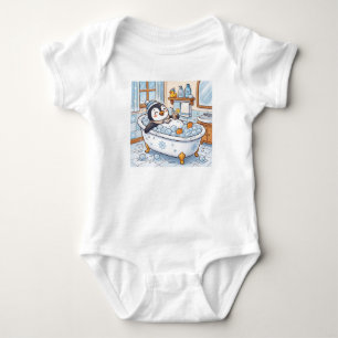Süßer Cartoon-glücklicher Pinguin beim Baden Baby Strampler