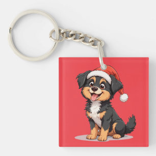 Süßer Cartoon-Hund mit Weihnachtsmannmütze Schlüsselanhänger