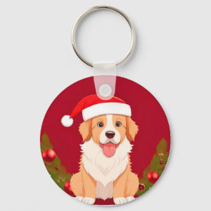 Süßer Cartoon-Hund mit Weihnachtsmannmütze Schlüsselanhänger