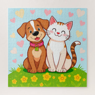 Süßer Cartoon-Hund und -Katze sitzen zusammen Puzzle