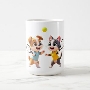 Süßer Cartoon-Hund und -Katze spielen Padel-Tennis Kaffeetasse