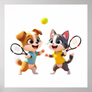 Süßer Cartoon-Hund und -Katze spielen Padel-Tennis Poster
