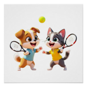 Süßer Cartoon-Hund und -Katze spielen Padel-Tennis Poster