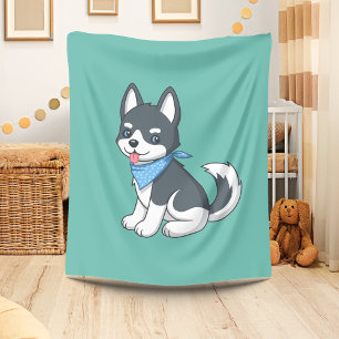 Süßer Cartoon-Husky-Welpe auf Grün Fleecedecke