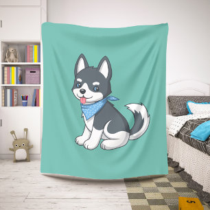 Süßer Cartoon-Husky-Welpe auf Grün Sherpadecke