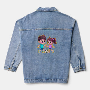 Süßer Cartoon-Junge und -Mädchen spielen zusammen Jeansjacke