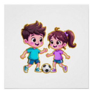 Süßer Cartoon-Junge und -Mädchen spielen zusammen Poster
