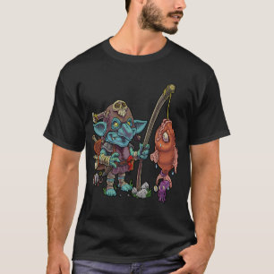 Süßer Cartoon-Kobold geht angeln und fängt großen T-Shirt