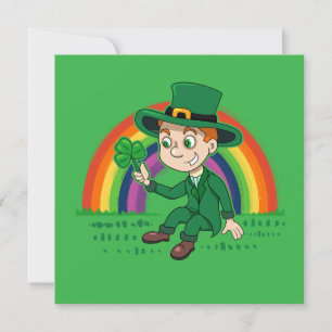 Süßer Cartoon-Leprechaun mit Kleeblatt und Regenbo Einladung