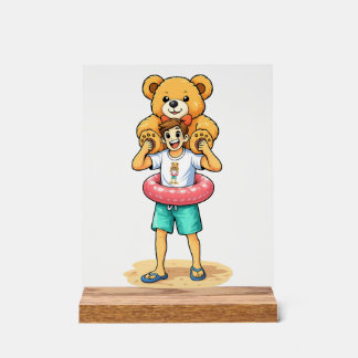 Süßer Cartoon-Mann mit riesigem Teddybär Sommer-Sp Acrylschild