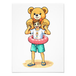 Süßer Cartoon-Mann mit riesigem Teddybär Sommer-Sp Fotodruck