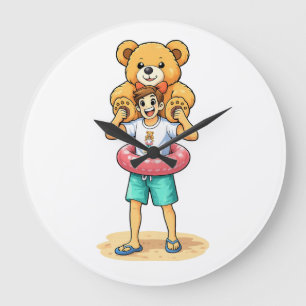 Süßer Cartoon-Mann mit riesigem Teddybär Sommer-Sp Große Wanduhr
