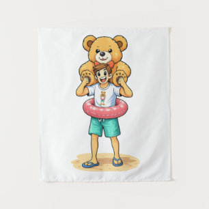 Süßer Cartoon-Mann mit riesigem Teddybären Sommer- Wandteppich
