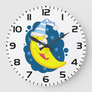 Süßer Cartoon-Mond-Banane in Nachtmütze Große Wanduhr