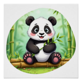 Süßer Cartoon-Panda auf Bambusfleck Poster