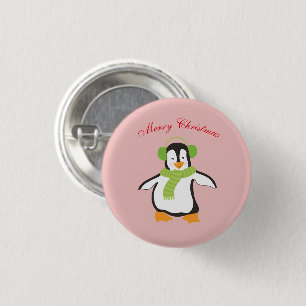 Süßer Cartoon-Pinguin mit grünem Schal und Ohrensc Button