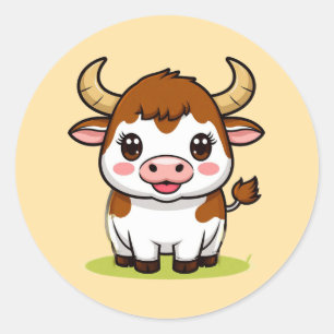 Süßer Cartoon-Stier-Charakter mit liebenswertem Au Runder Aufkleber
