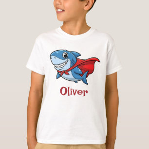 Süßer Cartoon-Superheld-Hai mit rotem Umhang T-Shirt