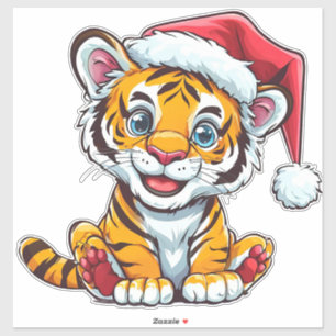 Süßer Cartoon-Tigerjunge mit Weihnachtsmannmütze Aufkleber