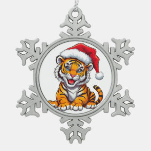 Süßer Cartoon-Tigerjunge mit Weihnachtsmannmütze Schneeflocken Zinn-Ornament
