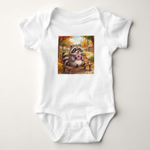 Süßer Cartoon-Waschbär isst Erdbeer-Donut Baby Strampler