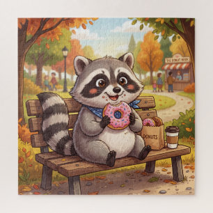 Süßer Cartoon-Waschbär isst Erdbeer-Donut  Puzzle