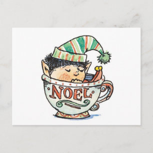 Süßer Cartoon-Weihnachtself, der in einer Tasse sc Feiertagspostkarte