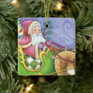 Süßer Cartoon-Weihnachtsmann-Schlitten-Rentier Keramikornament