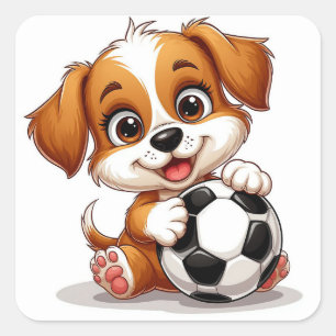 Süßer Cartoon-Welpe mit Fußball Quadratischer Aufkleber
