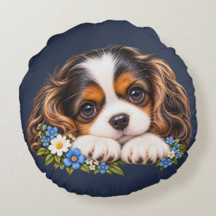 Süßer Cavalier King Charles Spaniel Welpe mit Flus Rundes Kissen