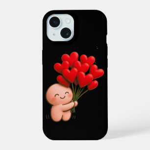 Süßer Chibi-Charakter hält rote Herzluftballons iPhone 15 Hülle