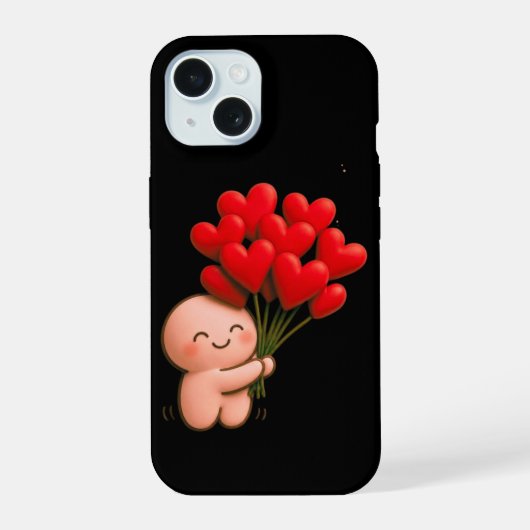 Süßer Chibi-Charakter hält rote Herzluftballons iPhone 15 Hülle (Rückseite)
