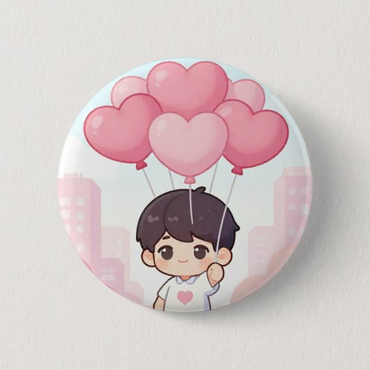 Süßer Chibi-Junge mit rosa Herzballons Kawaii Ästh Button (Vorderseite)