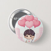 Süßer Chibi-Junge mit rosa Herzballons Kawaii Ästh Button (Vorne & Hinten)