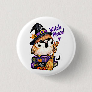 Süßer Chibi-Spatz-Vogel-Halloween-Hexe Bitte Button