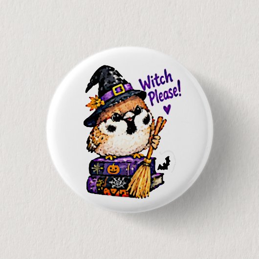 Süßer Chibi-Spatz-Vogel-Halloween-Hexe Bitte Button (Vorderseite)