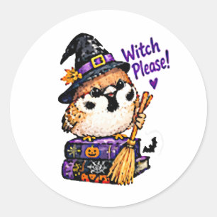 Süßer Chibi-Spatz-Vogel-Halloween-Hexe Bitte  Runder Aufkleber