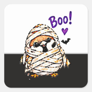 Süßer Chibi-Spatz-Vogel-Halloween-Mumie-Spaß Quadratischer Aufkleber